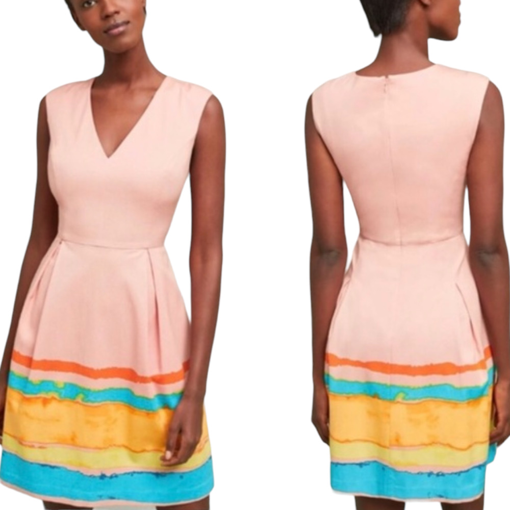 Tracy Reese Anthropologie Painterly Pleated Pink Fit & Flare Dress - Size 12